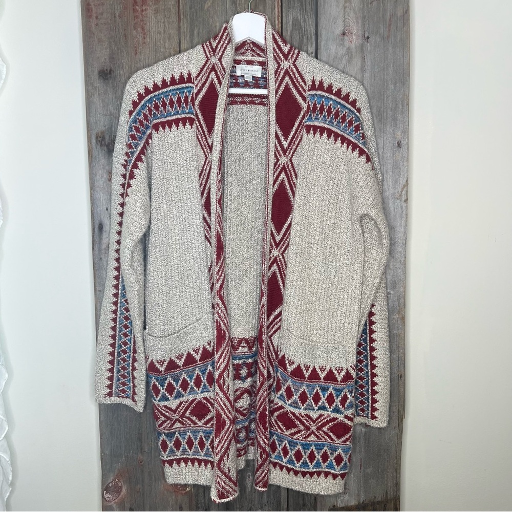 Lucky Brand Open Front Aztec Western Cardigan Sweater Oatmeal Red Medium